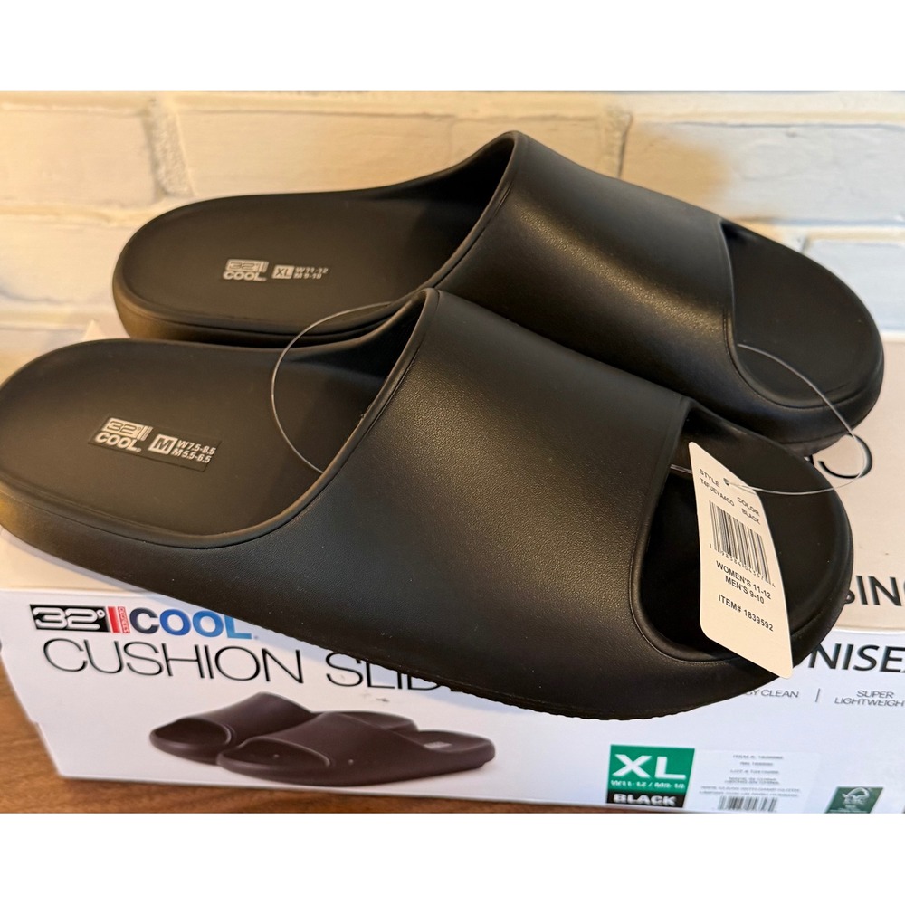 NEW 32 Degrees Cool Cushion Slides Black XL Womens 11-12 Mens 9-10  Pool Beach